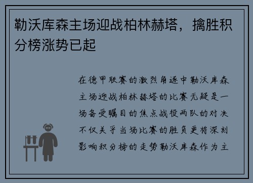 勒沃库森主场迎战柏林赫塔，擒胜积分榜涨势已起